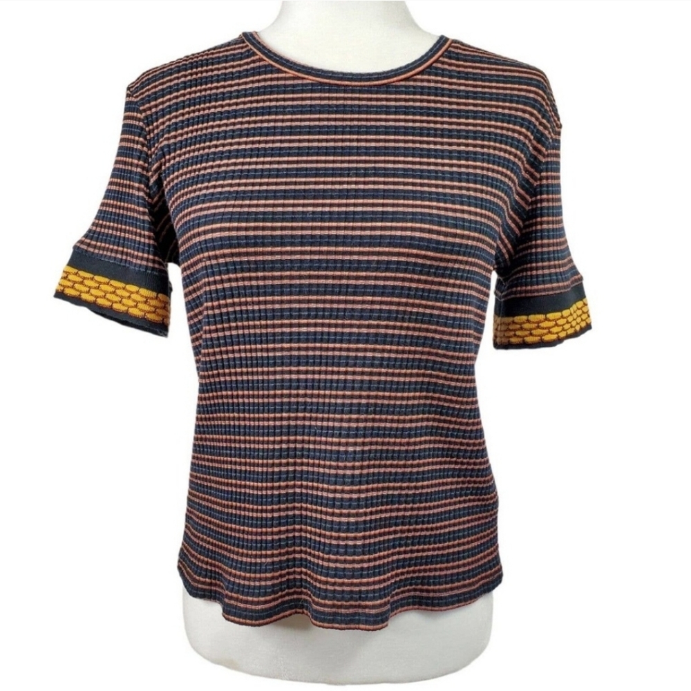 Zara Sweater Tee Womens Large Short‎ Sleeve Ribbed Knit Metallic Thread Top L